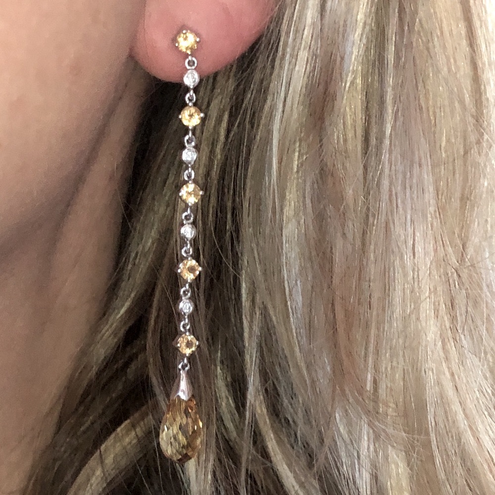 Solid 14K White Gold Natural Diamond Bezel Citrine Drop Dangle Estate Earrings